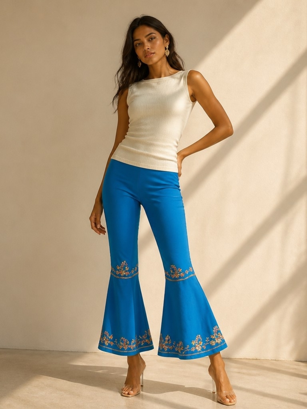 Vintage 70s Blue Sequin Embroidered Bell Bottoms Pants Floral Size XS Festival